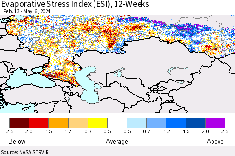 Russian Federation Evaporative Stress Index (ESI), 12-Weeks Thematic Map For 5/6/2024 - 5/12/2024