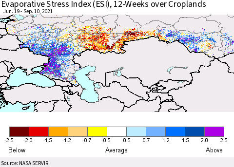 Russian Federation Evaporative Stress Index (ESI), 12-Weeks over Croplands Thematic Map For 9/6/2021 - 9/12/2021