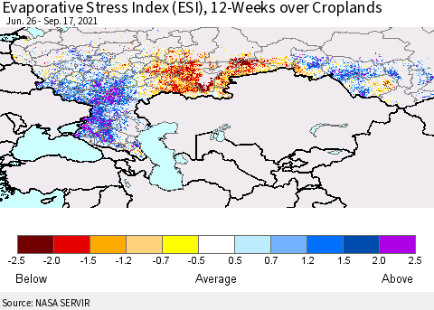 Russian Federation Evaporative Stress Index (ESI), 12-Weeks over Croplands Thematic Map For 9/13/2021 - 9/19/2021