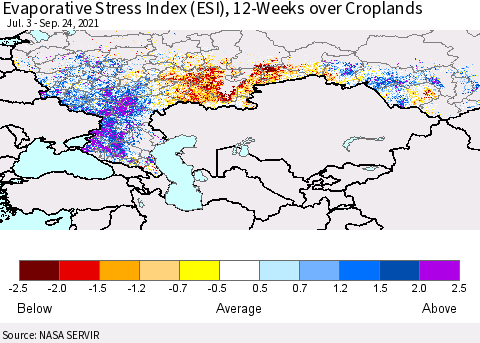 Russian Federation Evaporative Stress Index (ESI), 12-Weeks over Croplands Thematic Map For 9/20/2021 - 9/26/2021