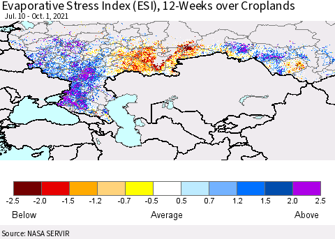 Russian Federation Evaporative Stress Index (ESI), 12-Weeks over Croplands Thematic Map For 9/27/2021 - 10/3/2021