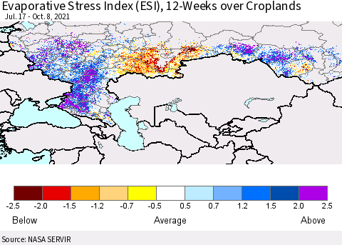 Russian Federation Evaporative Stress Index (ESI), 12-Weeks over Croplands Thematic Map For 10/4/2021 - 10/10/2021