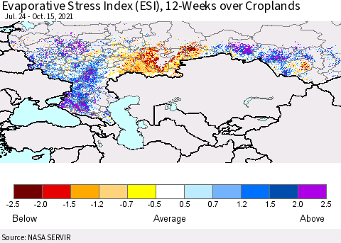 Russian Federation Evaporative Stress Index (ESI), 12-Weeks over Croplands Thematic Map For 10/11/2021 - 10/17/2021