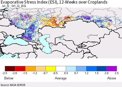 Russian Federation Evaporative Stress Index (ESI), 12-Weeks over Croplands Thematic Map For 10/18/2021 - 10/24/2021