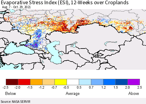 Russian Federation Evaporative Stress Index (ESI), 12-Weeks over Croplands Thematic Map For 10/25/2021 - 10/31/2021