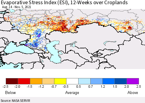 Russian Federation Evaporative Stress Index (ESI), 12-Weeks over Croplands Thematic Map For 11/1/2021 - 11/7/2021
