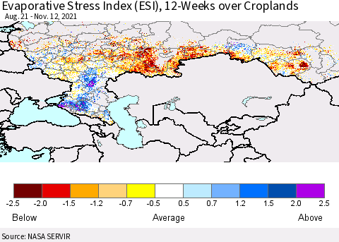 Russian Federation Evaporative Stress Index (ESI), 12-Weeks over Croplands Thematic Map For 11/8/2021 - 11/14/2021
