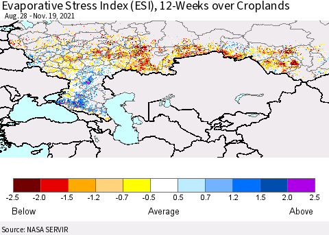 Russian Federation Evaporative Stress Index (ESI), 12-Weeks over Croplands Thematic Map For 11/15/2021 - 11/21/2021