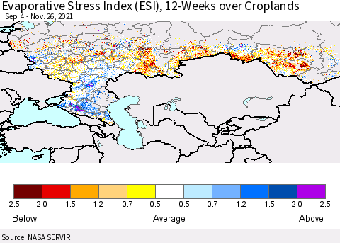 Russian Federation Evaporative Stress Index (ESI), 12-Weeks over Croplands Thematic Map For 11/22/2021 - 11/28/2021