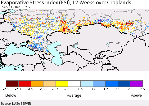 Russian Federation Evaporative Stress Index (ESI), 12-Weeks over Croplands Thematic Map For 11/29/2021 - 12/5/2021