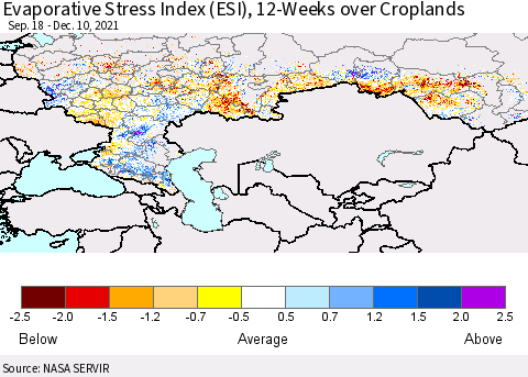 Russian Federation Evaporative Stress Index (ESI), 12-Weeks over Croplands Thematic Map For 12/6/2021 - 12/12/2021