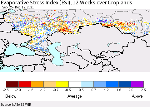 Russian Federation Evaporative Stress Index (ESI), 12-Weeks over Croplands Thematic Map For 12/13/2021 - 12/19/2021