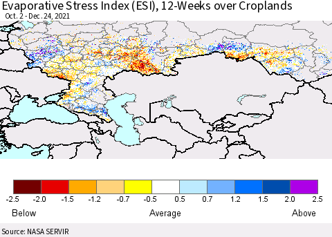 Russian Federation Evaporative Stress Index (ESI), 12-Weeks over Croplands Thematic Map For 12/20/2021 - 12/26/2021