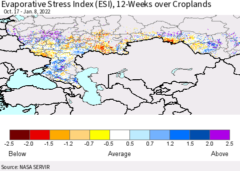 Russian Federation Evaporative Stress Index (ESI), 12-Weeks over Croplands Thematic Map For 1/3/2022 - 1/9/2022