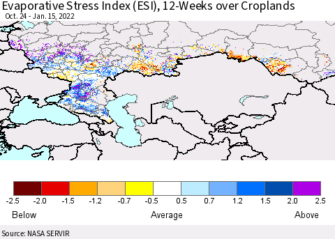 Russian Federation Evaporative Stress Index (ESI), 12-Weeks over Croplands Thematic Map For 1/10/2022 - 1/16/2022