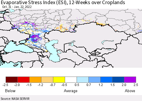 Russian Federation Evaporative Stress Index (ESI), 12-Weeks over Croplands Thematic Map For 1/17/2022 - 1/23/2022