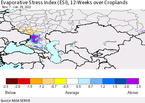 Russian Federation Evaporative Stress Index (ESI), 12-Weeks over Croplands Thematic Map For 1/24/2022 - 1/30/2022