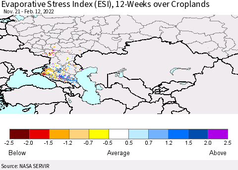 Russian Federation Evaporative Stress Index (ESI), 12-Weeks over Croplands Thematic Map For 2/7/2022 - 2/13/2022