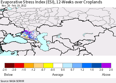 Russian Federation Evaporative Stress Index (ESI), 12-Weeks over Croplands Thematic Map For 2/14/2022 - 2/20/2022