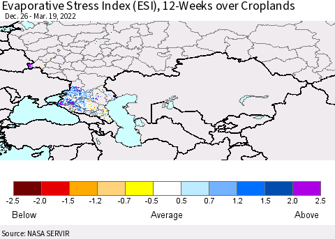 Russian Federation Evaporative Stress Index (ESI), 12-Weeks over Croplands Thematic Map For 3/14/2022 - 3/20/2022