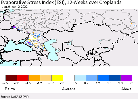 Russian Federation Evaporative Stress Index (ESI), 12-Weeks over Croplands Thematic Map For 3/28/2022 - 4/3/2022