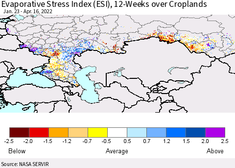 Russian Federation Evaporative Stress Index (ESI), 12-Weeks over Croplands Thematic Map For 4/11/2022 - 4/17/2022