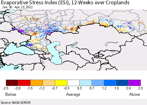 Russian Federation Evaporative Stress Index (ESI), 12-Weeks over Croplands Thematic Map For 4/18/2022 - 4/24/2022