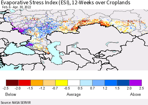 Russian Federation Evaporative Stress Index (ESI), 12-Weeks over Croplands Thematic Map For 4/25/2022 - 5/1/2022