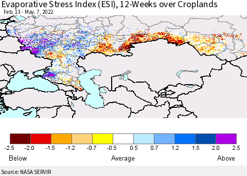 Russian Federation Evaporative Stress Index (ESI), 12-Weeks over Croplands Thematic Map For 5/2/2022 - 5/8/2022