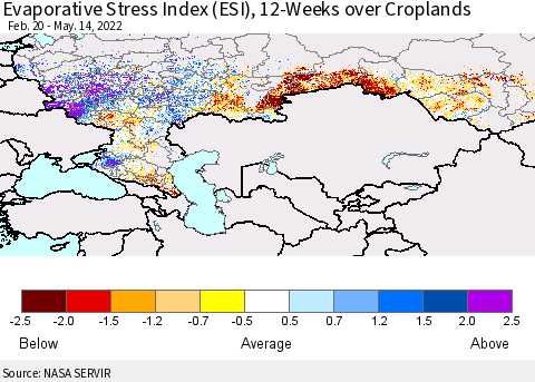 Russian Federation Evaporative Stress Index (ESI), 12-Weeks over Croplands Thematic Map For 5/9/2022 - 5/15/2022