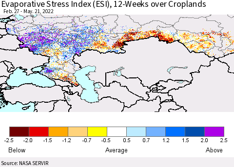 Russian Federation Evaporative Stress Index (ESI), 12-Weeks over Croplands Thematic Map For 5/16/2022 - 5/22/2022