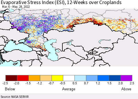 Russian Federation Evaporative Stress Index (ESI), 12-Weeks over Croplands Thematic Map For 5/23/2022 - 5/29/2022