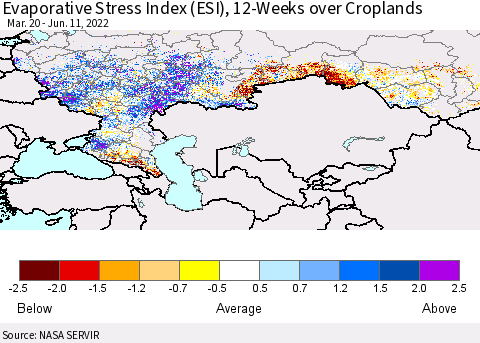 Russian Federation Evaporative Stress Index (ESI), 12-Weeks over Croplands Thematic Map For 6/6/2022 - 6/12/2022