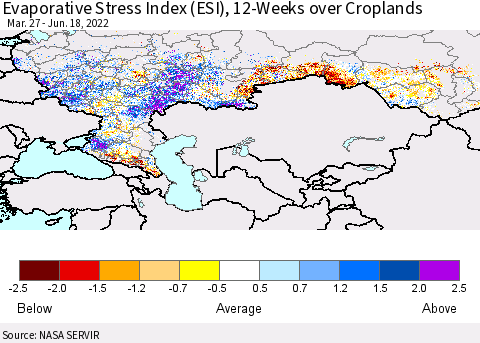 Russian Federation Evaporative Stress Index (ESI), 12-Weeks over Croplands Thematic Map For 6/13/2022 - 6/19/2022
