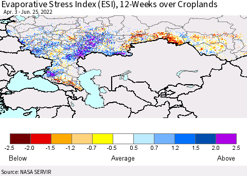 Russian Federation Evaporative Stress Index (ESI), 12-Weeks over Croplands Thematic Map For 6/20/2022 - 6/26/2022