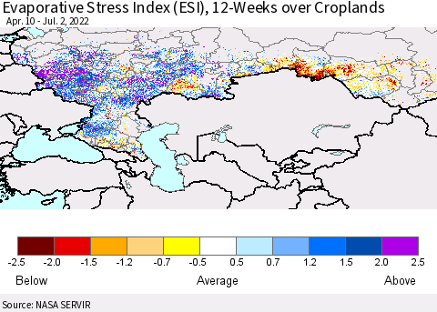 Russian Federation Evaporative Stress Index (ESI), 12-Weeks over Croplands Thematic Map For 6/27/2022 - 7/3/2022