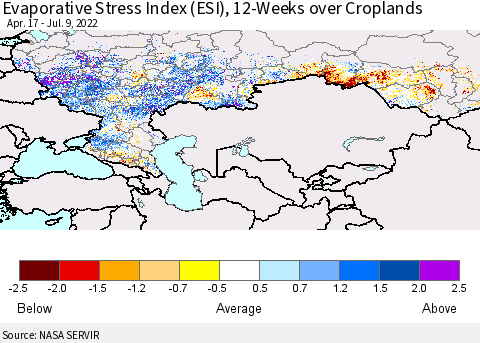 Russian Federation Evaporative Stress Index (ESI), 12-Weeks over Croplands Thematic Map For 7/4/2022 - 7/10/2022