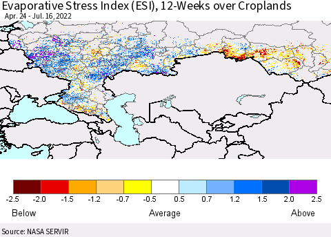 Russian Federation Evaporative Stress Index (ESI), 12-Weeks over Croplands Thematic Map For 7/11/2022 - 7/17/2022