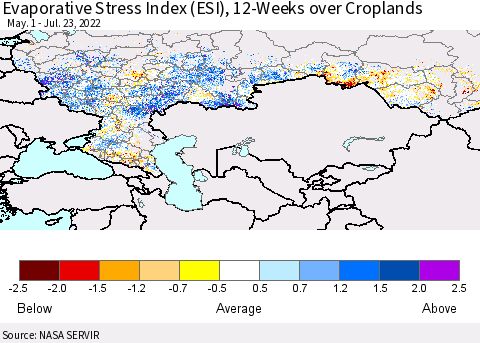 Russian Federation Evaporative Stress Index (ESI), 12-Weeks over Croplands Thematic Map For 7/18/2022 - 7/24/2022