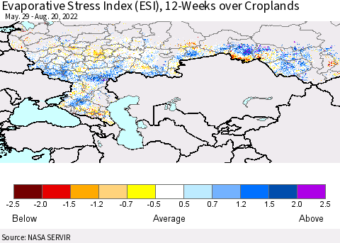 Russian Federation Evaporative Stress Index (ESI), 12-Weeks over Croplands Thematic Map For 8/15/2022 - 8/21/2022