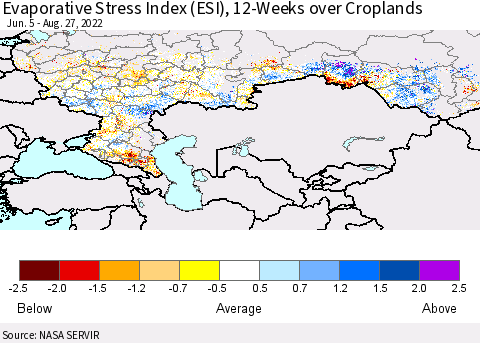 Russian Federation Evaporative Stress Index (ESI), 12-Weeks over Croplands Thematic Map For 8/22/2022 - 8/28/2022