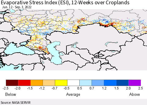 Russian Federation Evaporative Stress Index (ESI), 12-Weeks over Croplands Thematic Map For 8/29/2022 - 9/4/2022