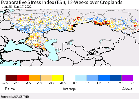 Russian Federation Evaporative Stress Index (ESI), 12-Weeks over Croplands Thematic Map For 9/12/2022 - 9/18/2022