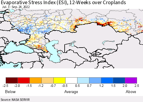 Russian Federation Evaporative Stress Index (ESI), 12-Weeks over Croplands Thematic Map For 9/19/2022 - 9/25/2022