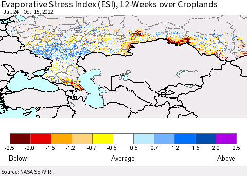 Russian Federation Evaporative Stress Index (ESI), 12-Weeks over Croplands Thematic Map For 10/10/2022 - 10/16/2022
