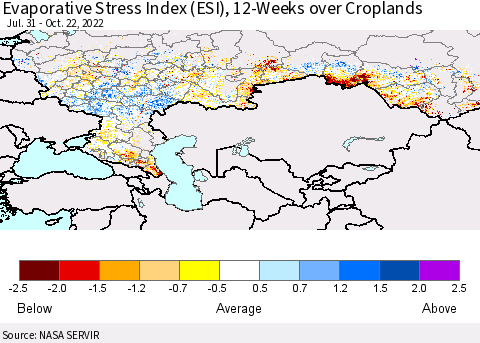 Russian Federation Evaporative Stress Index (ESI), 12-Weeks over Croplands Thematic Map For 10/17/2022 - 10/23/2022