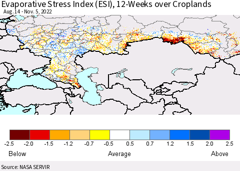 Russian Federation Evaporative Stress Index (ESI), 12-Weeks over Croplands Thematic Map For 10/31/2022 - 11/6/2022