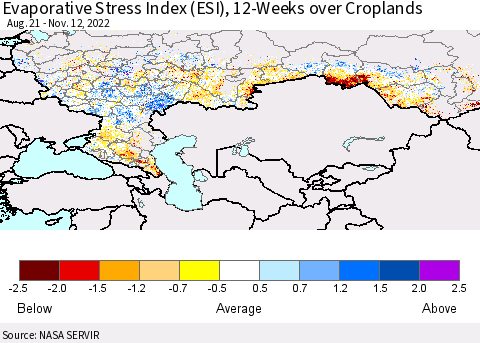 Russian Federation Evaporative Stress Index (ESI), 12-Weeks over Croplands Thematic Map For 11/7/2022 - 11/13/2022