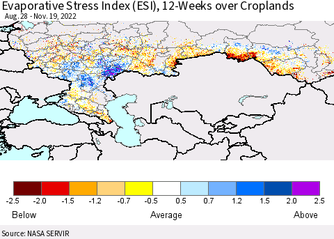 Russian Federation Evaporative Stress Index (ESI), 12-Weeks over Croplands Thematic Map For 11/14/2022 - 11/20/2022
