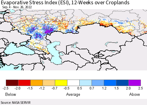 Russian Federation Evaporative Stress Index (ESI), 12-Weeks over Croplands Thematic Map For 11/21/2022 - 11/27/2022